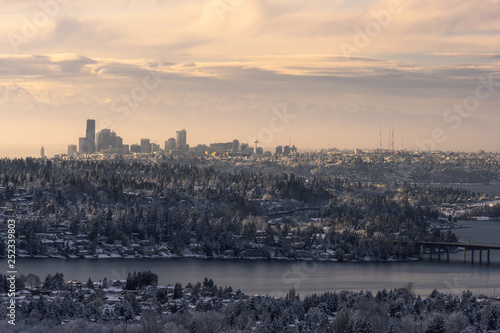 Seattle skyline at sunset after Snowpocalypse snowstorm in early February 2019