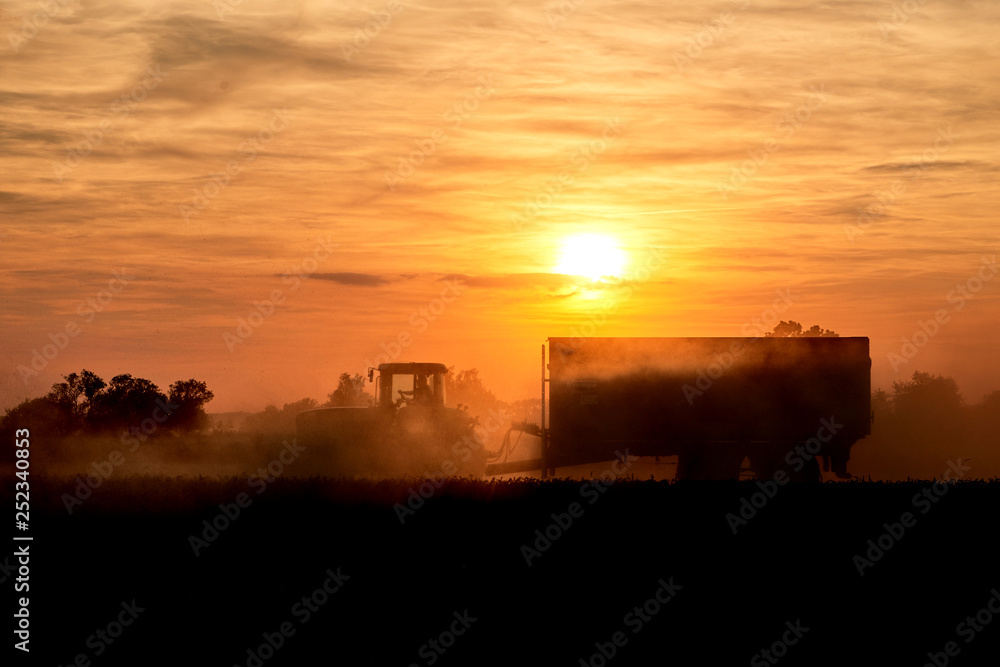 tractor with corn trailer in sunset