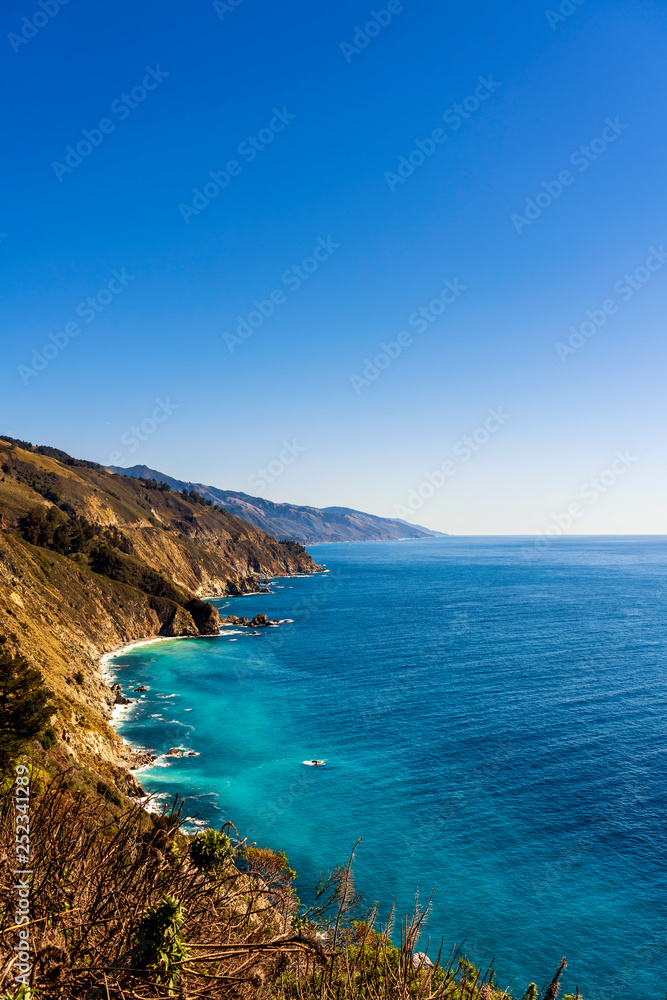 Coastline from Bluff, View, Rugged Mountains