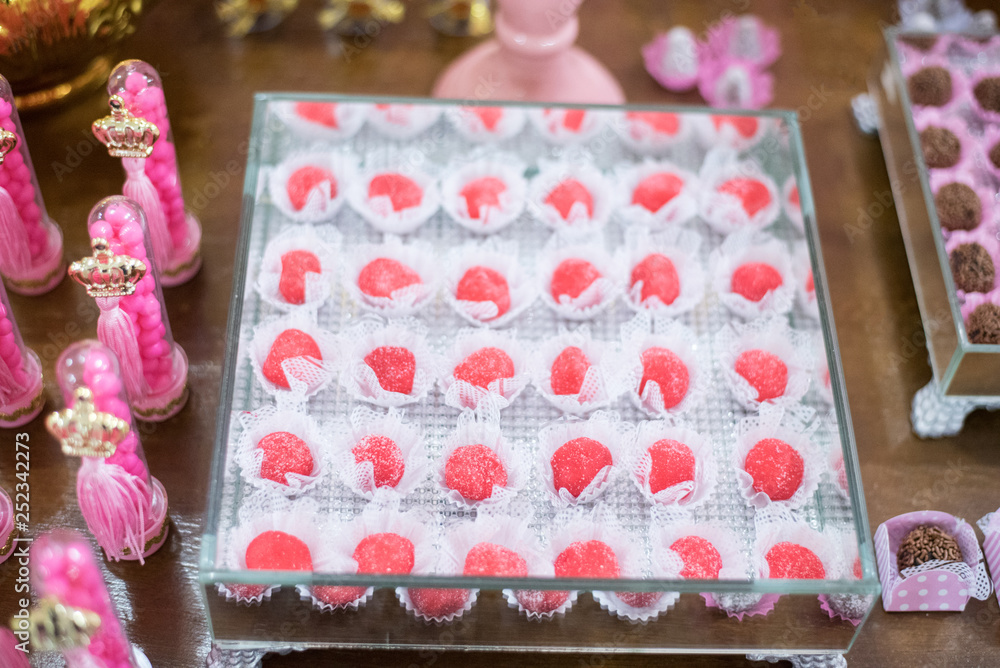 Sweets and decoration on the table - Children's party bear princess theme Sweets and decoration on the table - Children's party bear princess theme