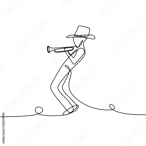 Jazz player with continuous line art drawing. A person playing a trumpet.