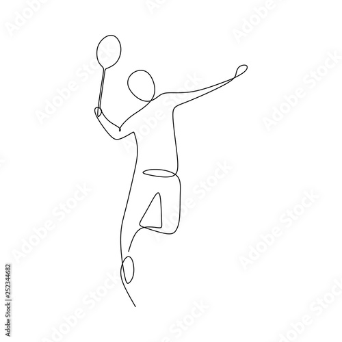 continuous line drawing of a person playing badminton sport game.