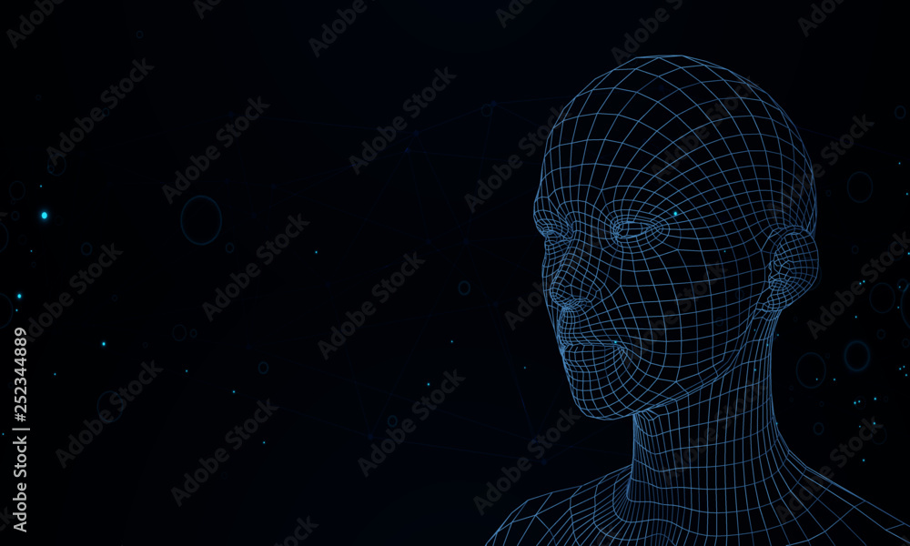 Big data and artificial intelligence concept. Machine learning and cyber mind domination concept in form of women face outline outline with circuit board and binary data flow on blue Big data and artificial intelligence concept. Machine learning and cyber mind domination concept in form of women face outline outline with circuit board and binary data flow on blue