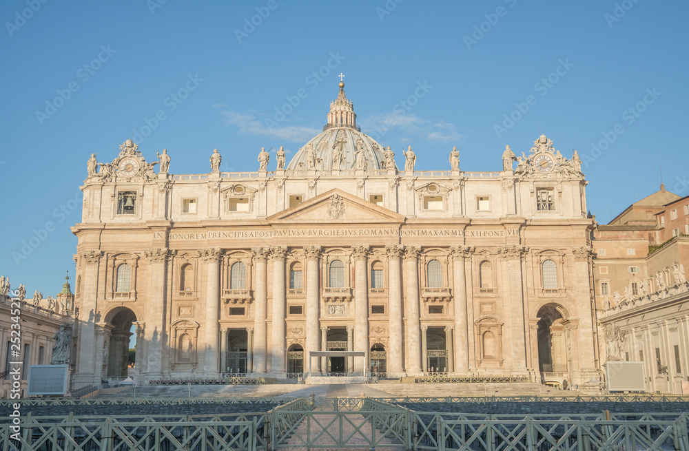 Front view of St. Peters basilica from St. Peter, Vatican, Rome italy