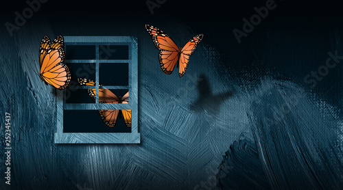 Valokuva Butterflies escaping open window graphic abstract background