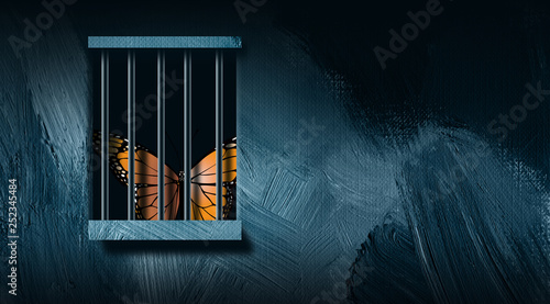 Fotografie, Tablou Butterfly behind prison bars graphic abstract background