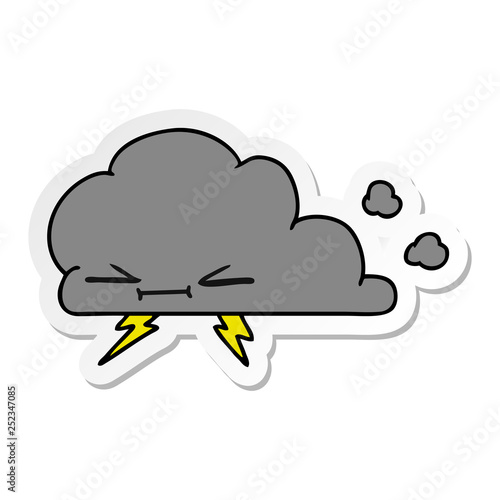 sticker cartoon of a grumpy lightening cloud