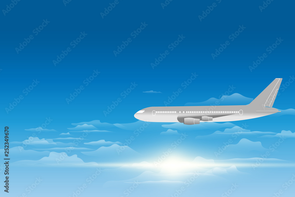 sky view of a plane . Passenger airplanes on the sky view background. vector illustration