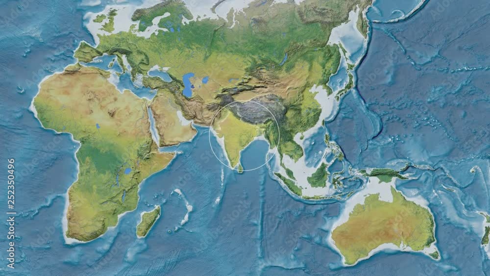 India area presented against the global topographic map in the Patterson Cylindrical projection with animated oblique transformation India area presented against the global topographic map in the Patterson Cylindrical projection with animated oblique transformation