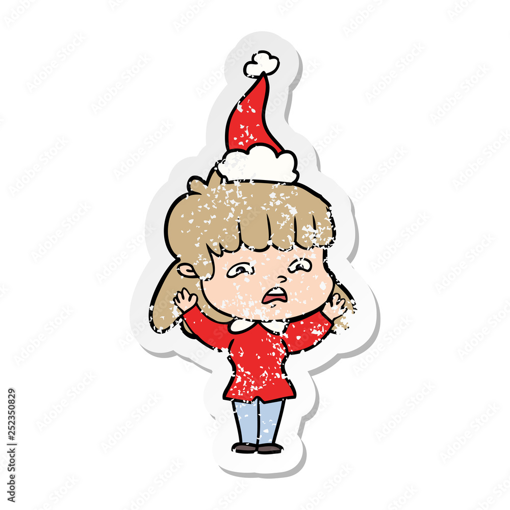 distressed sticker cartoon of a worried woman wearing santa hat distressed sticker cartoon of a worried woman wearing santa hat