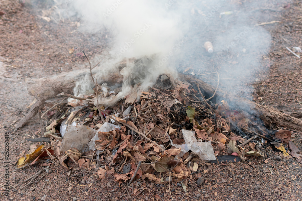 Plastic waste and rubbish open burning Plastic waste and rubbish open burning