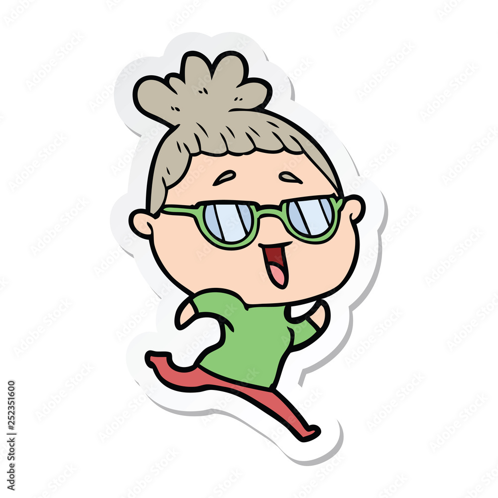 sticker of a cartoon happy woman wearing spectacles sticker of a cartoon happy woman wearing spectacles