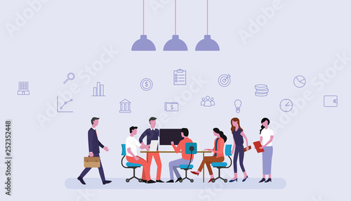 business team working together in office with financial icons - vector illustration