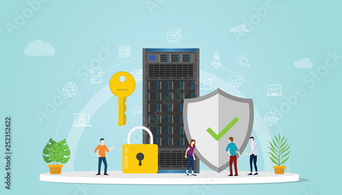 server security concept with team people working together with padlock and secure icon - vector illustration