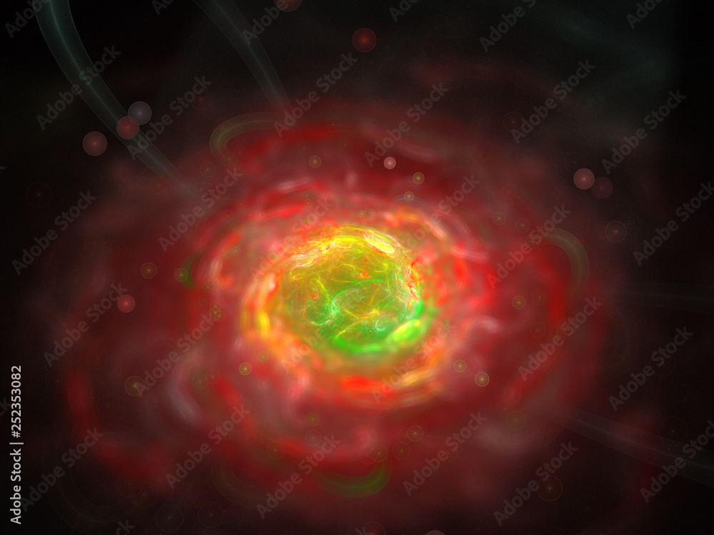 Abstract Illustration - Colorful Bright Red Cloud, Plasma, Strings of Chaotic Plasma Energy. Smoke, Energy Discharge, Galaxy Nebula. Digital Flames, Artistic Design, Explosion of color