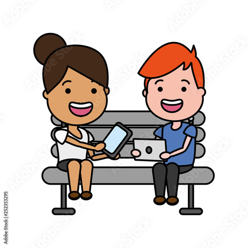 woman with mobile and guy laptop on bench