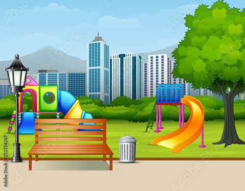 Urban summer public garden with kids playground