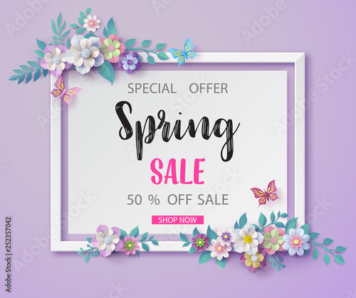 Elegant Spring Sale Floral Frame on Purple Background