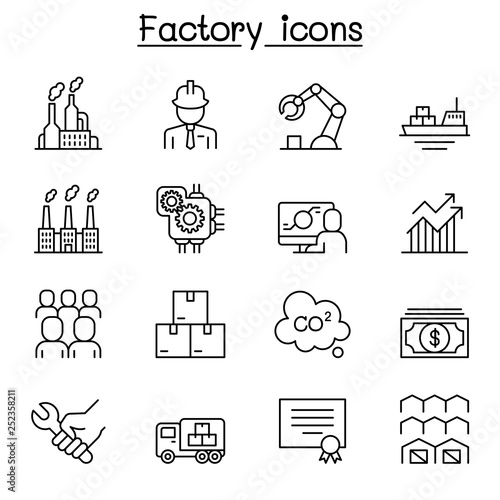 Factory, Industrial Building, Manufacturing icon set in thin line style