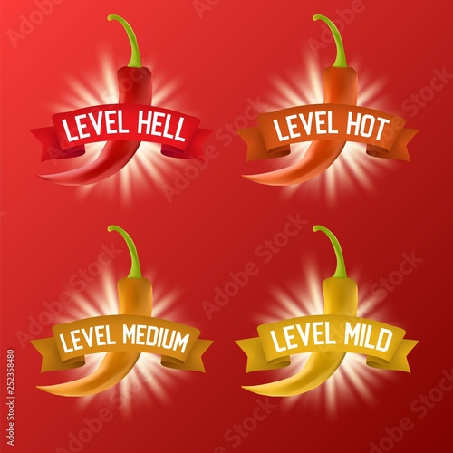 Red hot chili pepper heat scale, vector realistic illustration