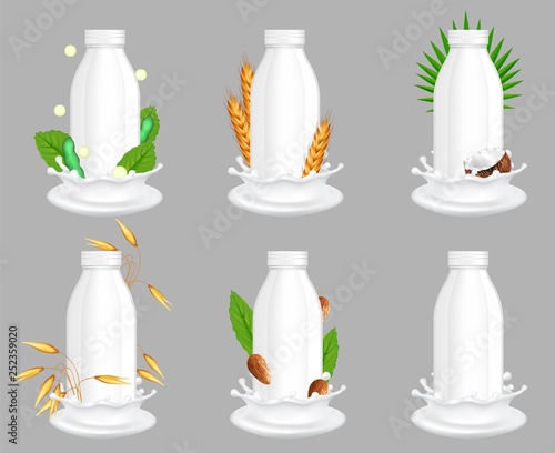 Cows and plant milk bottle package vector realistic mockup set