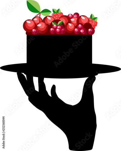 berry cake. hand silhouette holding a plate with cake
