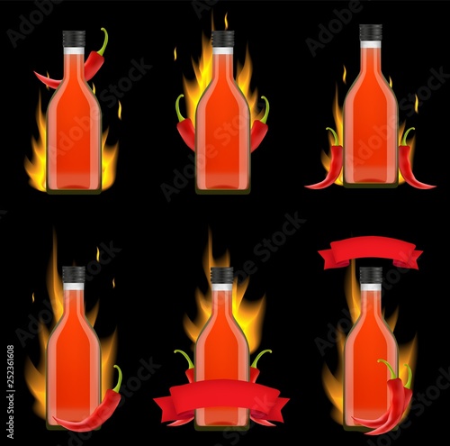 Tabasco sauce bottle package vector realistic mockup set