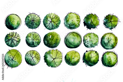 Symbols of Landscape architect plan design by watercolor hand drawn painting with brushes strokes.Colorful splashing in the paper.It's wet texture background for creative wallpaper,floral card and art