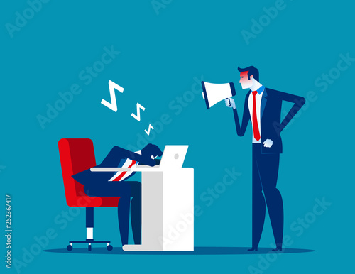 Angry boss use megaphone to wake up employee. Concept business vector, Relaxing, workplace, lazy.