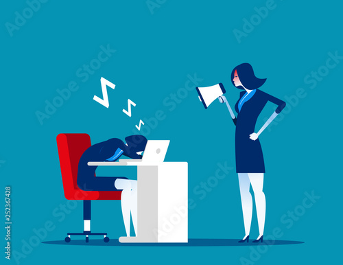 Angry boss use megaphone to wake up employee. Concept business vector, Relaxing, workplace, lazy.