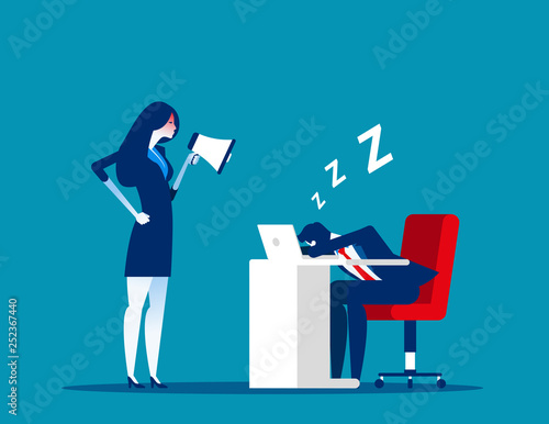 Angry boss use megaphone to wake up employee. Concept business vector, Relaxing, workplace, lazy.
