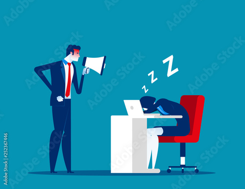 Angry boss use megaphone to wake up employee. Concept business vector, Relaxing, workplace, lazy.