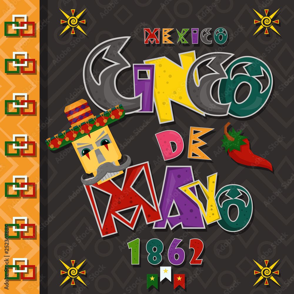 Fototapeta premium poster card layout for_6_the design of stickers, leaflets, covers, text colored inscription calligraphy on the theme of Cinco de mayo in the style of flat