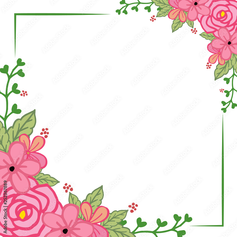 Vector illustration white background with pink flower frame blooms hand drawn