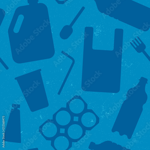 Seamless pattern with plastic garbage on ocean grunge background. Concept of recycles day, world cleanup day and ecology. Vector illustration flat style.