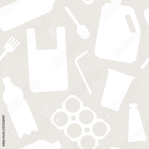 Seamless pattern with plastic garbage on grunge background. Concept of recycles day, world cleanup day and ecology. Vector illustration flat style.