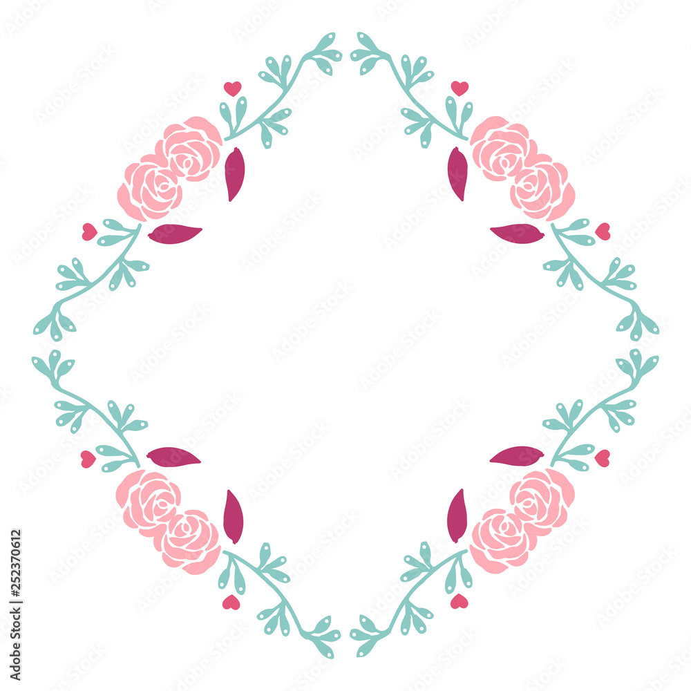 Vector illustration pink flower frame with light blue leaf hand drawn