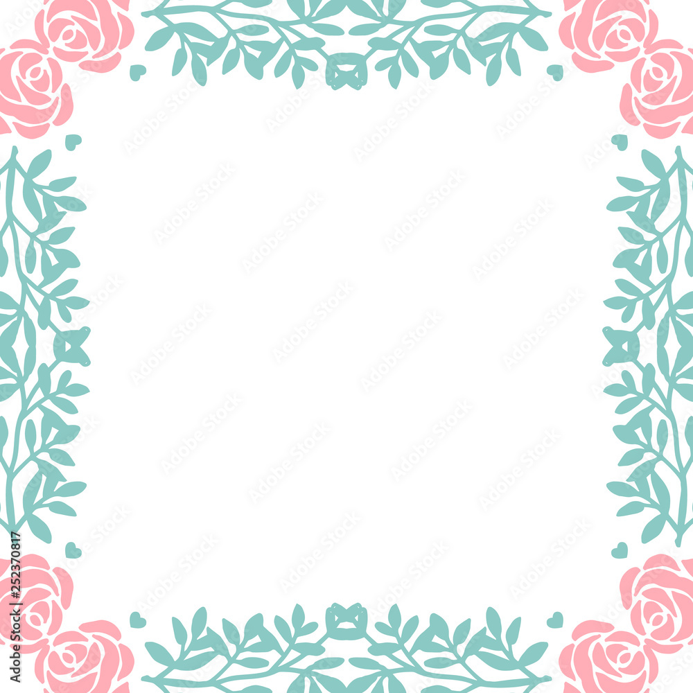 Vector illustration pink flower frame with light blue leaf hand drawn Vector illustration pink flower frame with light blue leaf hand drawn