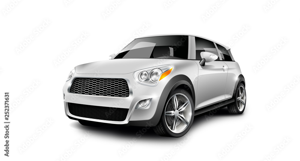 White Generic Compact Small Car On White Background. Microcar Or Mini MPV. Perspective View With Isolated Path.