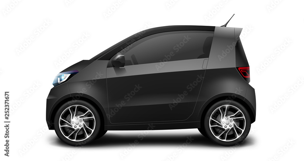 Black Generic Compact Small Car On White Background. Microcar Or Citycar Illustration With Isolated Path.