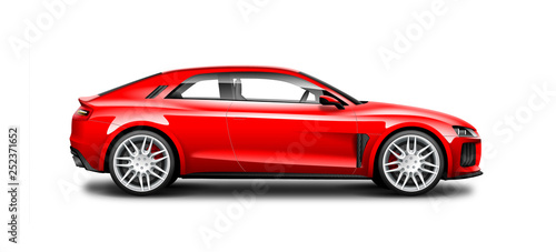 Red Coupe Sporty Car On White Background. Side View With Isolated Path.