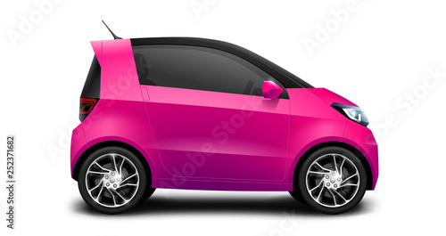 Purple Generic Compact Small Car On White Background. Microcar Or Citycar Illustration With Isolated Path.