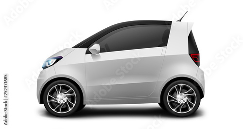 White Metallic Generic Compact Small Car On White Background. Microcar Or Citycar Illustration With Isolated Path. photo