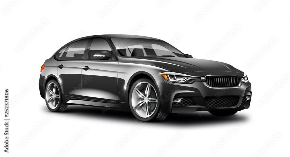 Black Luxury Sedan Car On White Background. Generic Vehicle Perspective View Illustration With Isolated Path.
