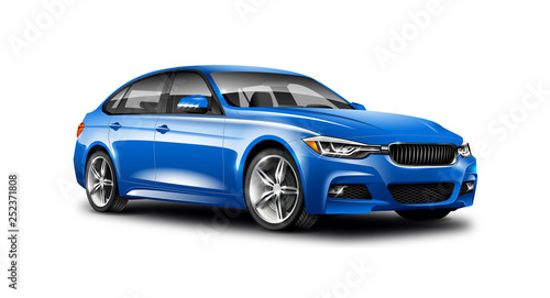 Blue Luxury Sedan Car On White Background. Generic Vehicle Perspective View Illustration With Isolated Path.