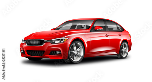 Red Luxury Sedan Car On White Background. Generic Vehicle Perspective View Illustration With Isolated Path.