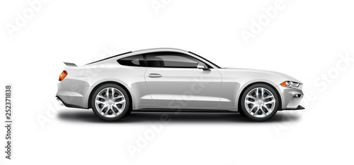 White Metallic Coupe Sporty Car. Generic Automobile With Carbon Fiber Surface On White Background. Side View With Isolated Path. photo