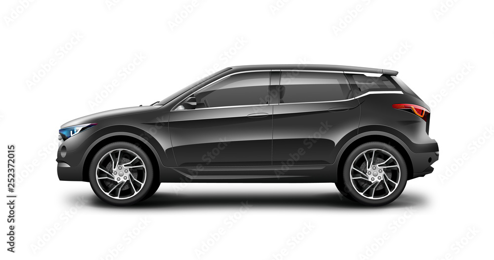 Black Generic SUV Car. Off Road Crossover On White Background. Side View With Isolated Path