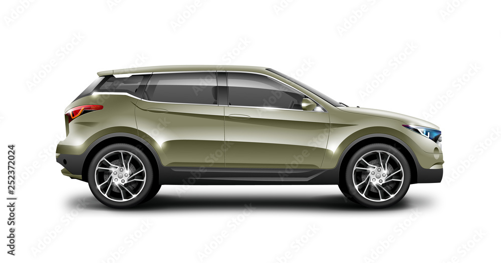 Khaki Generic SUV Car. Off Road Crossover On White Background. Side View With Isolated Path