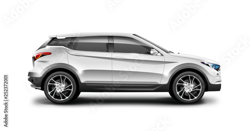 White Metallic Generic SUV Car. Off Road Crossover On White Background. Side View With Isolated Path
